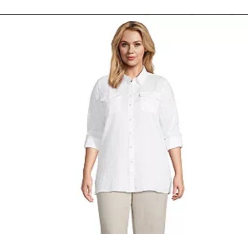 Land's End Womens 3x Plus White Linen‎ Button Up Utility Shirt Tunic Length NEW